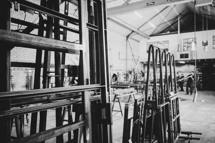 Stalen frames bij Steellife achter in de werkplaats